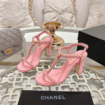 CC 26S Chain T-Strap Charm Sandals 8.5cm Light Pink Lambskin 736120