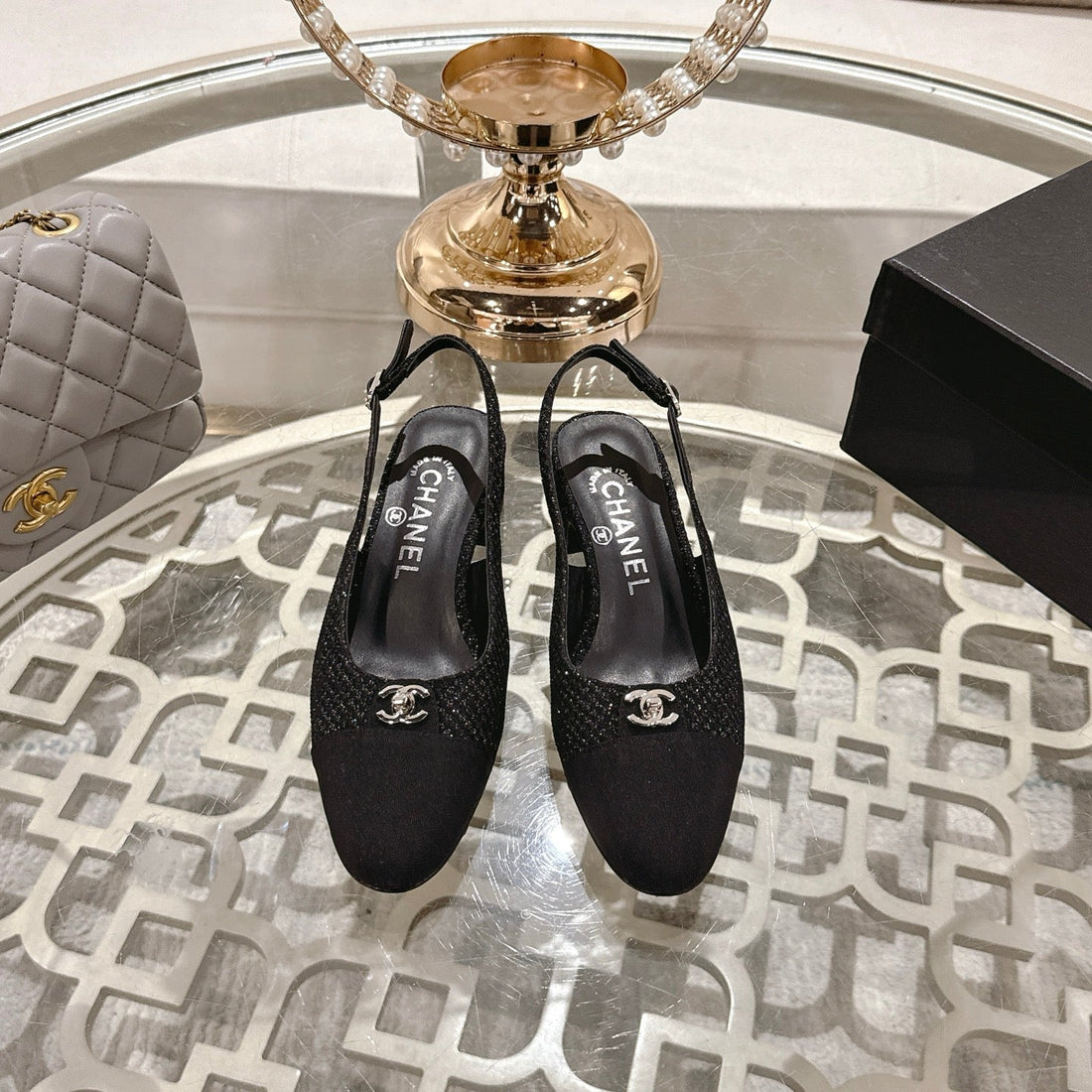 CC 25SS Slingbacks Black 35MM Glitter Fabric & Grosgrain 432609