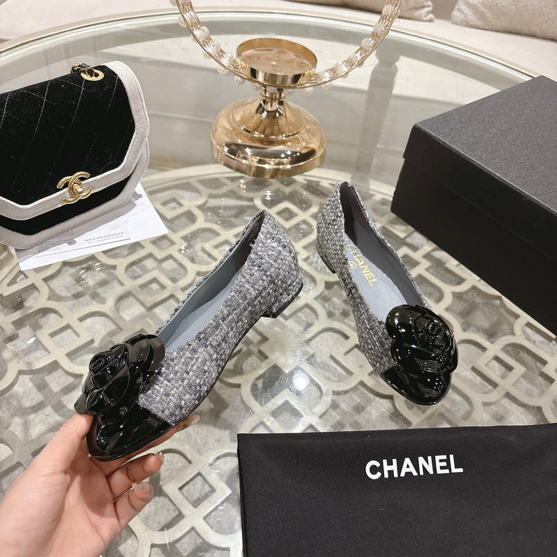 CC 26S Camellia Ballet Flat Grey Leather Tweed 736495