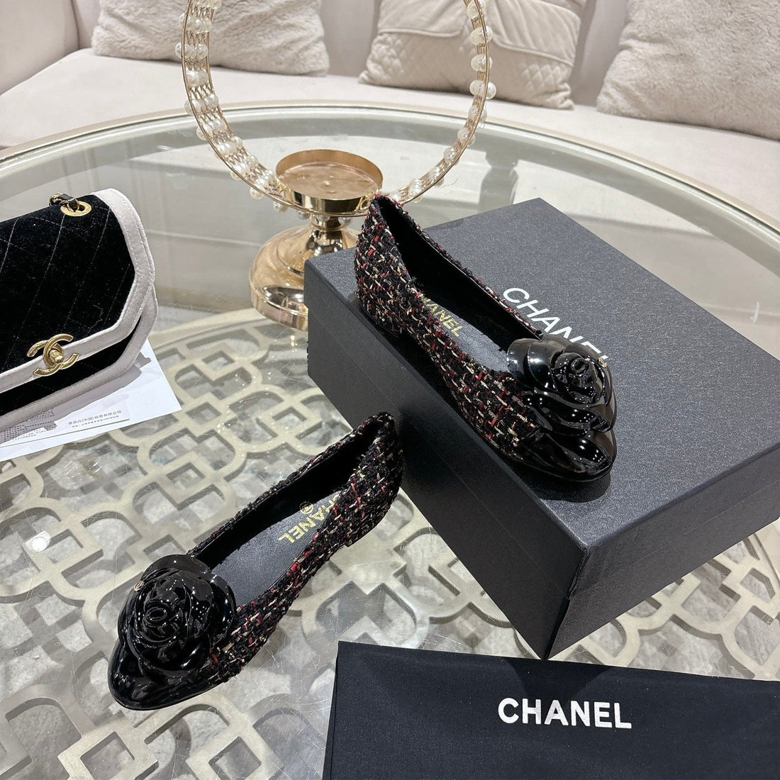 CC 26S Camellia Ballet Flat Black Colorful Leather Tweed 736498