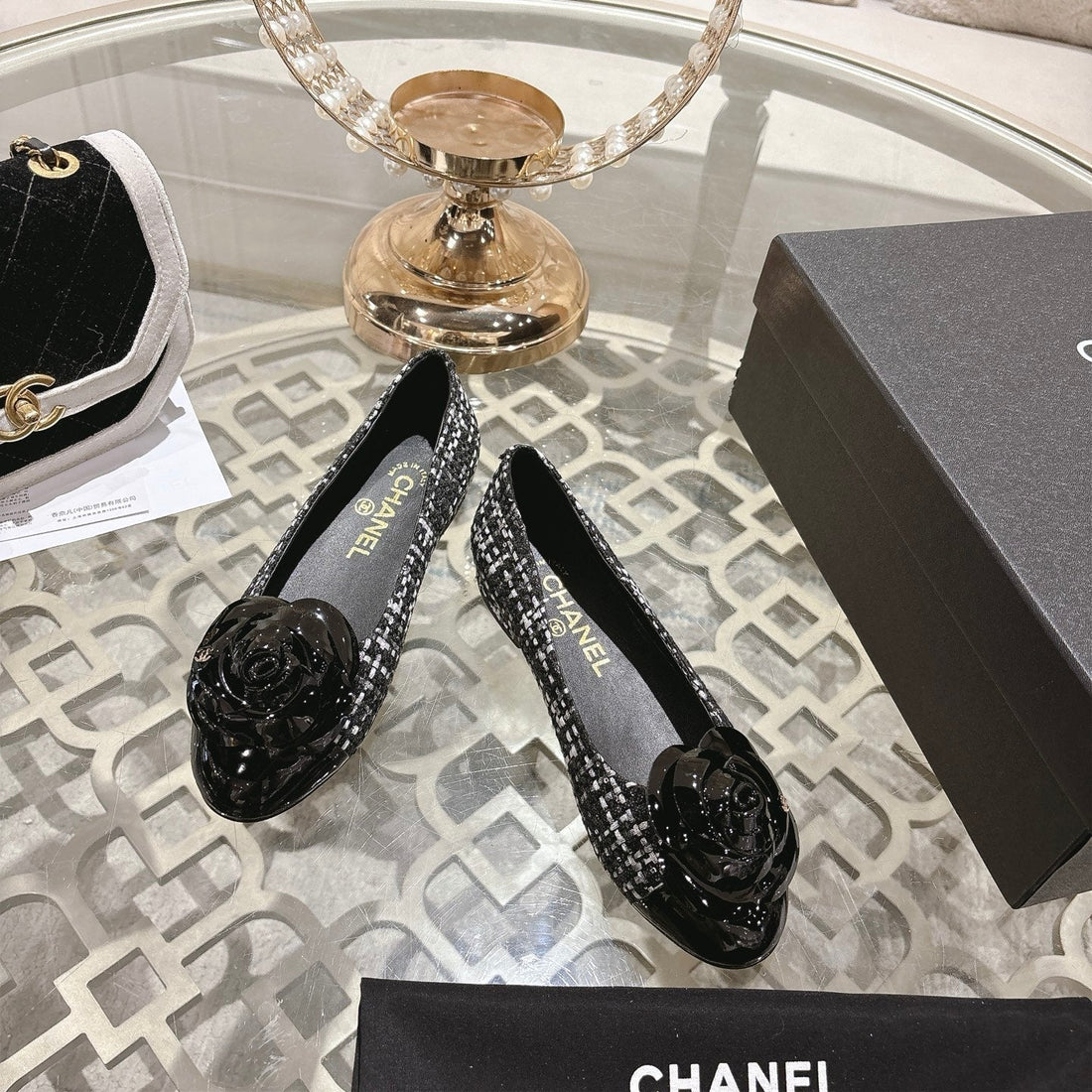 CC 26S Camellia Ballet Flat Black Leather Tweed 736499