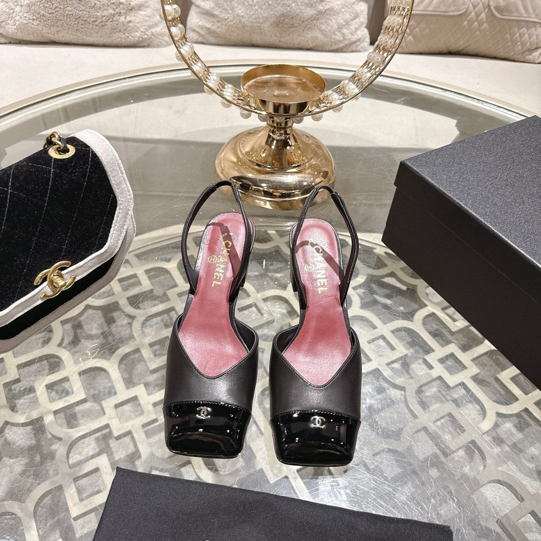 CC 26S Square-Toe High-Heeled Slingbacks 6CM Black Leather 736099