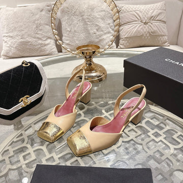 CC 26S Square-Toe High-Heeled Slingbacks 6CM Gold Beige Leather 736100