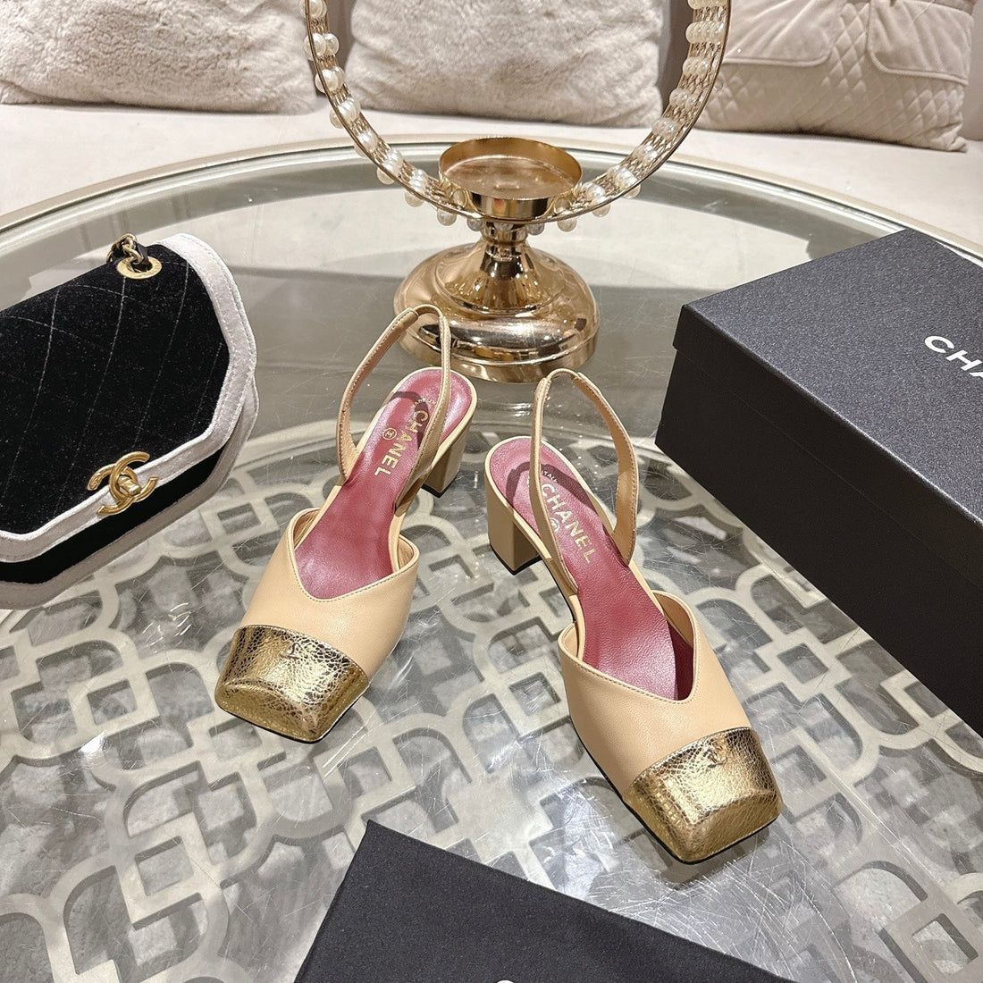 CC 26S Square-Toe High-Heeled Slingbacks 6CM Gold Beige Leather 736100