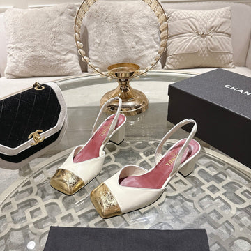 CC 26S Square-Toe High-Heeled Slingbacks 6CM Gold White Leather 736101