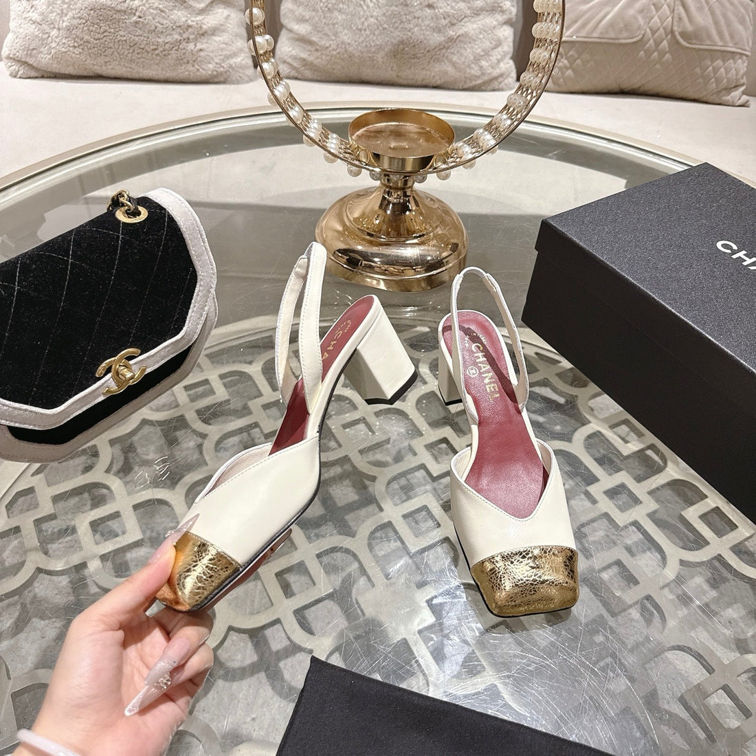 CC 26S Square-Toe High-Heeled Slingbacks 6CM Gold White Leather 736101