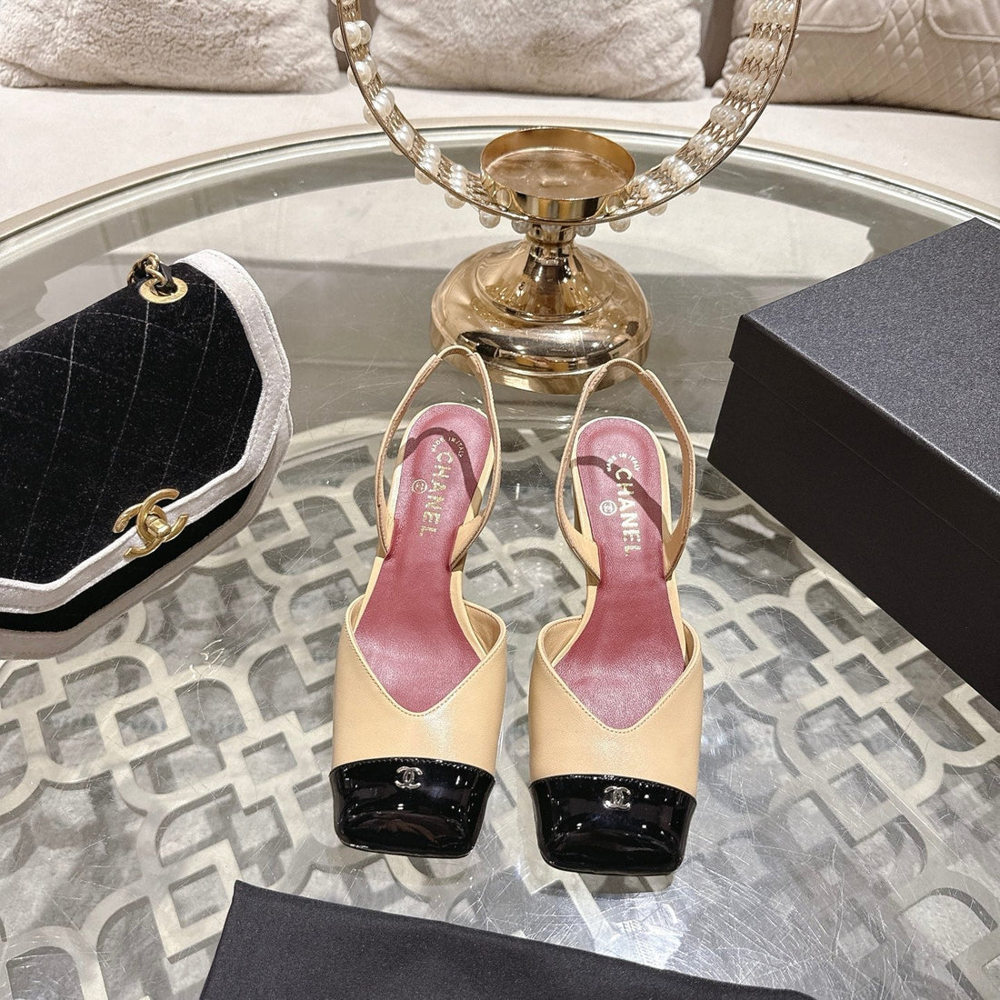 CC 26S Square-Toe High-Heeled Slingbacks 6CM Black Beige Leather 736102