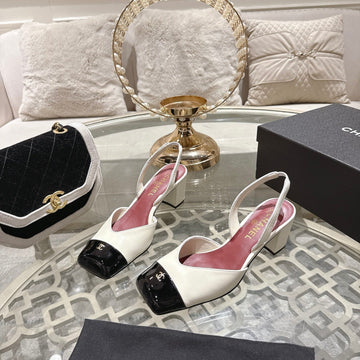 CC 26S Square-Toe High-Heeled Slingbacks 6CM Black White Leather 736104