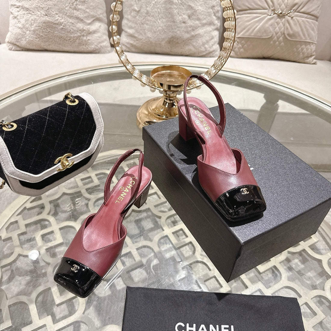 CC 26S Square-Toe High-Heeled Slingbacks 6CM Black Burgundy Leather 736105