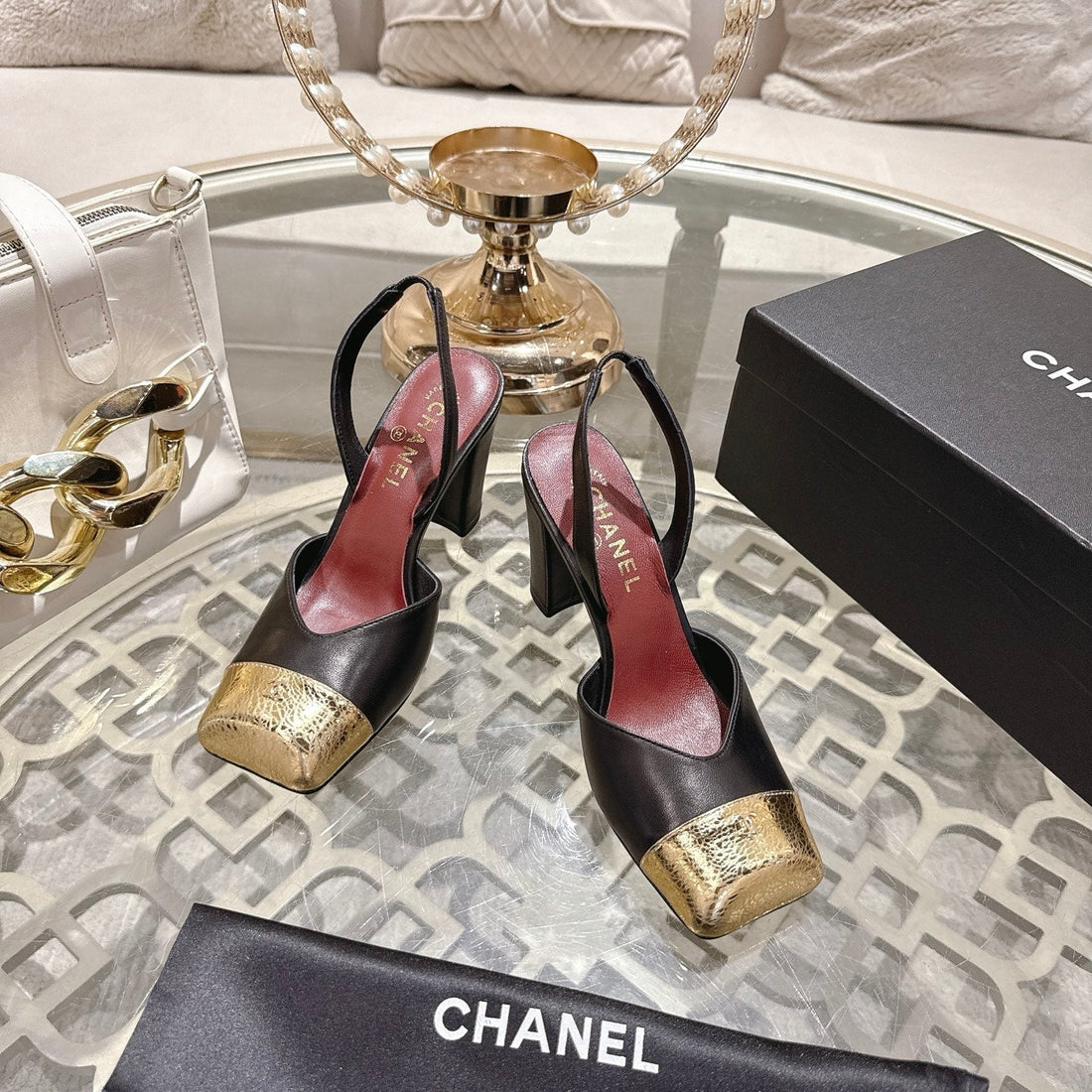 CC 26S Square-Toe High-Heeled Slingbacks 9CM Gold Black Leather 736108