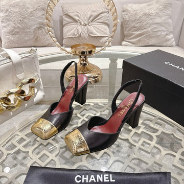 CC 26S Square-Toe High-Heeled Slingbacks 9CM Gold Black Leather 736108