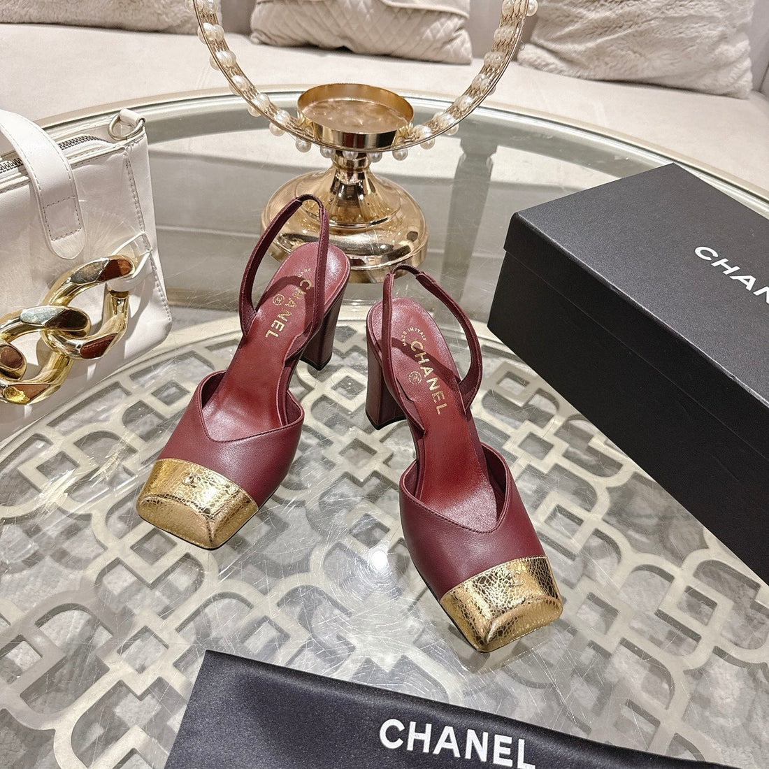 CC 26S Square-Toe High-Heeled Slingbacks 9CM Gold Burgundy Leather 736109