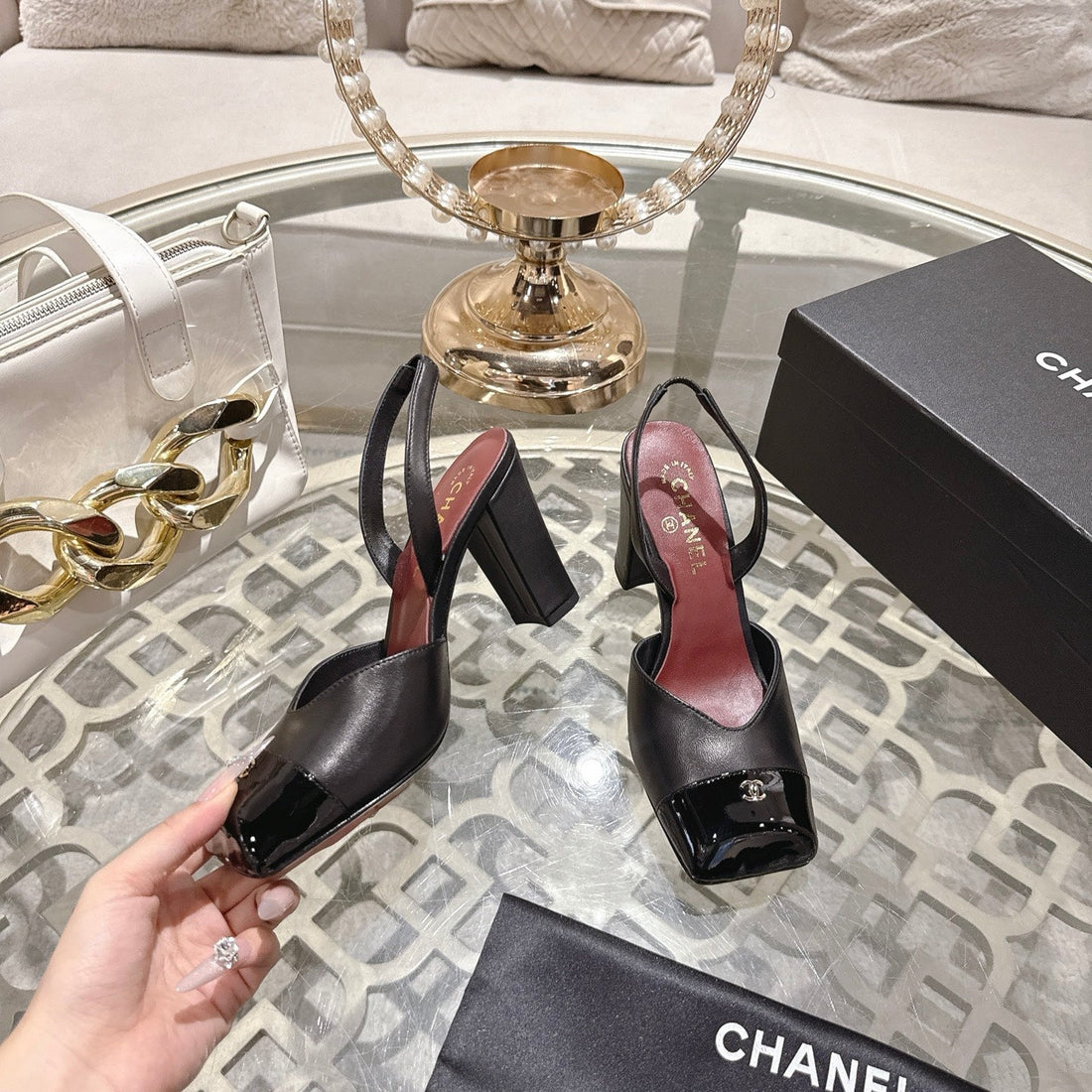 CC 26S Square-Toe High-Heeled Slingbacks 9CM Black Leather 736110