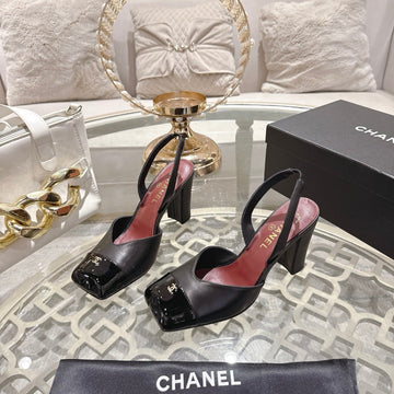 CC 26S Square-Toe High-Heeled Slingbacks 9CM Black Leather 736110
