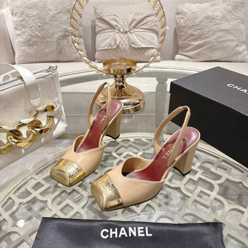 CC 26S Square-Toe High-Heeled Slingbacks 9CM Beige Gold Leather 736111