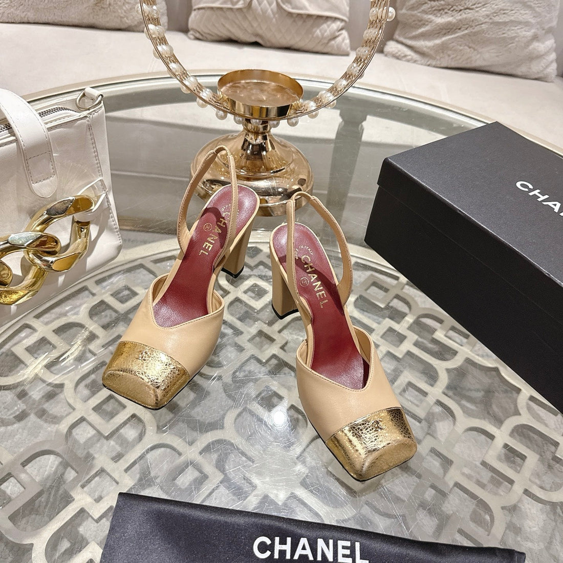 CC 26S Square-Toe High-Heeled Slingbacks 9CM Beige Gold Leather 736111