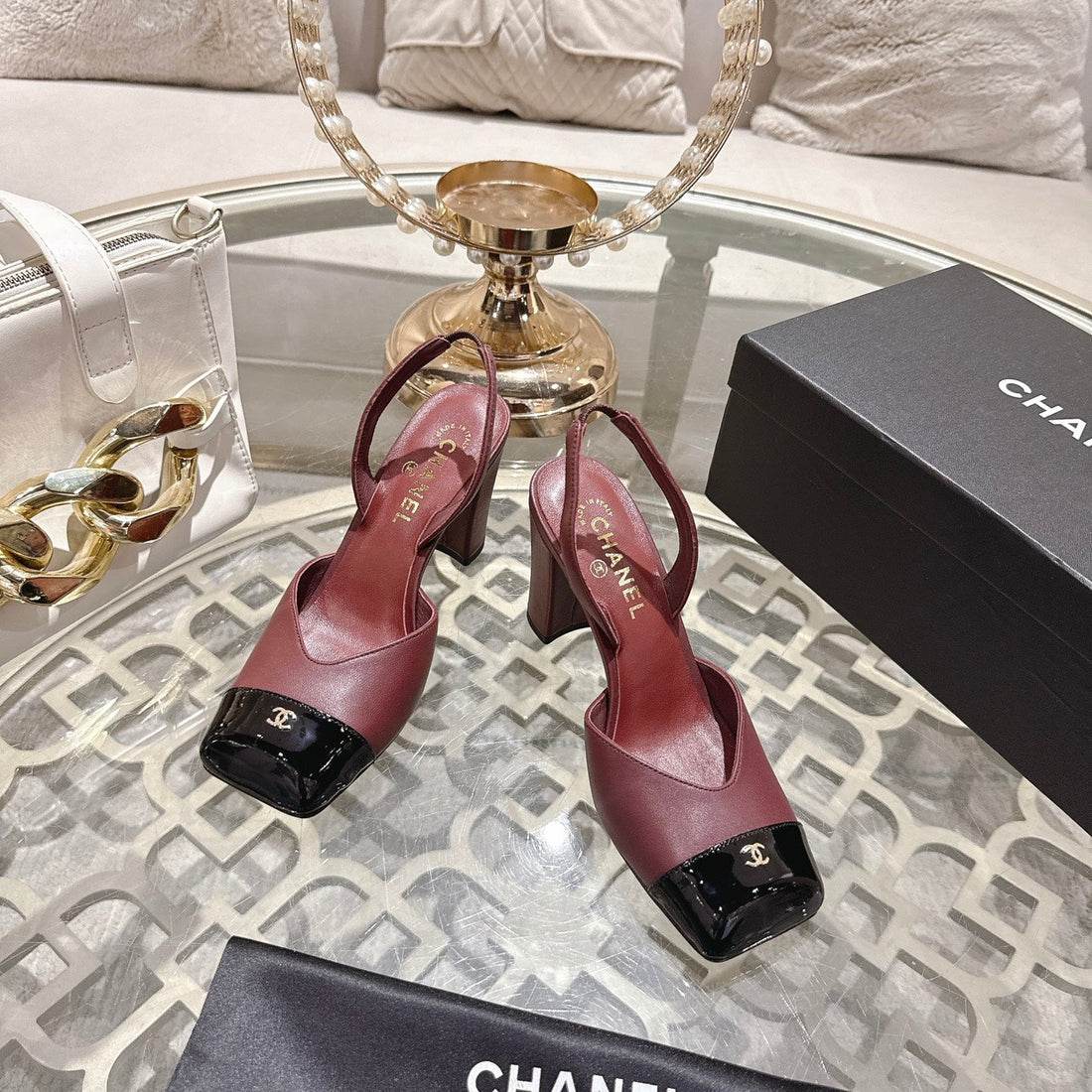 CC 26S Square-Toe High-Heeled Slingbacks 9CM Black Burgundy Leather