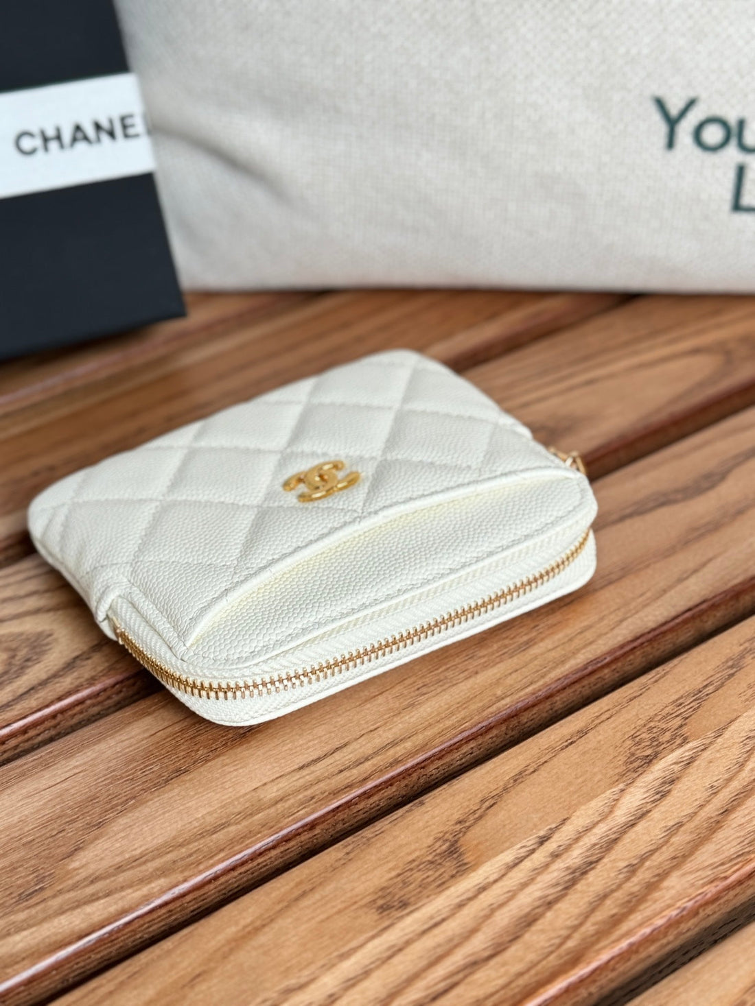 CC Zip Card Holder Wallet White Gold Metal Caviar 240607