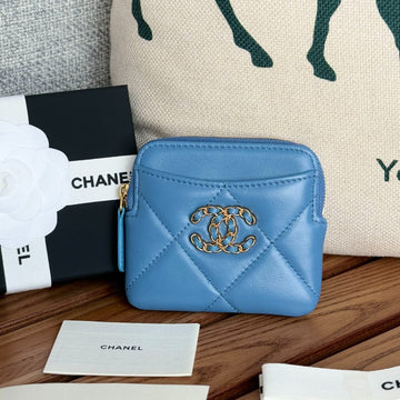CC 19 Zipped Coin Purse 11CM Blue Lambskin Gold Hardware