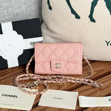 CC 24 Classic Wallet On Chain 11CM Pink Caviar Leather 240678