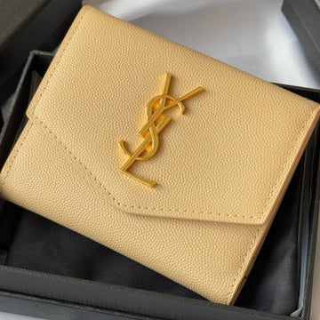 YSL Tri-Fold Wallet Beige Gold Cowhide 242756
