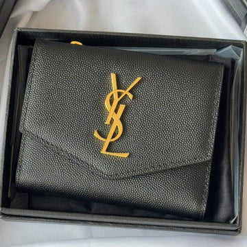 YSL Tri-Fold Wallet Black Gold Cowhide 242754