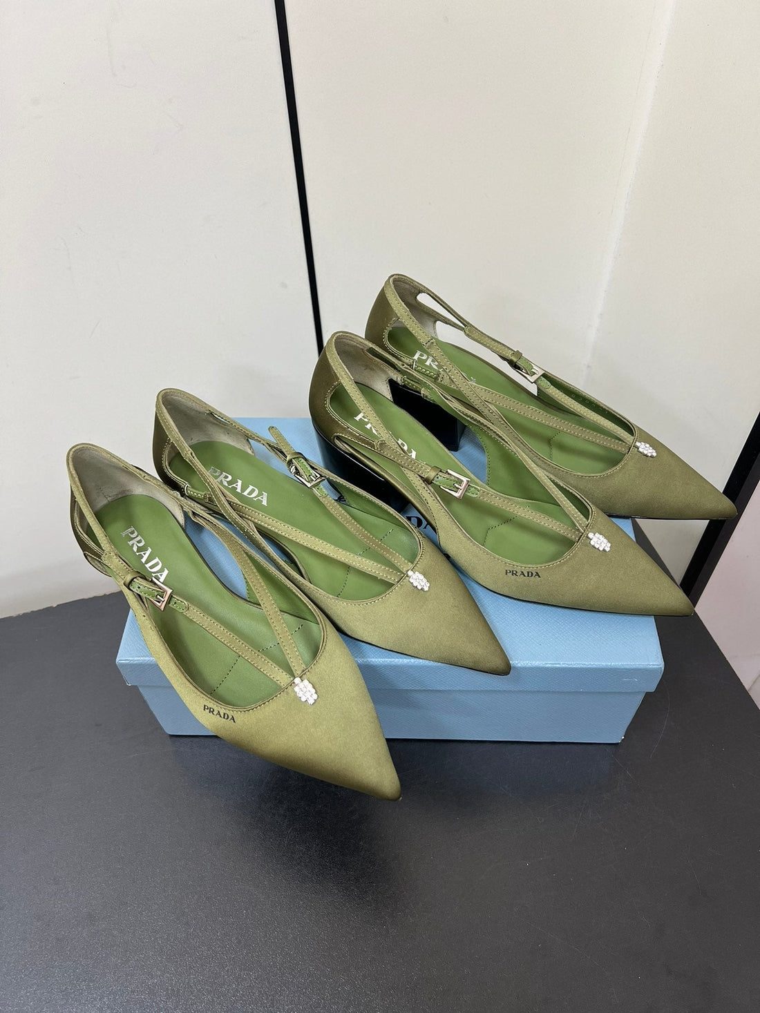 Cut-Out Pumps With Bead Buckle In Olive Green Satin
