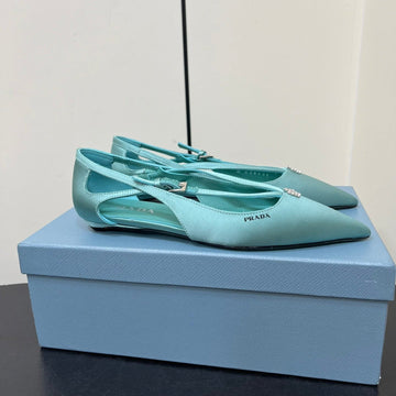 Cut-Out Ballerina Flat In Turquoise Blue Satin Attached Bead Buckle