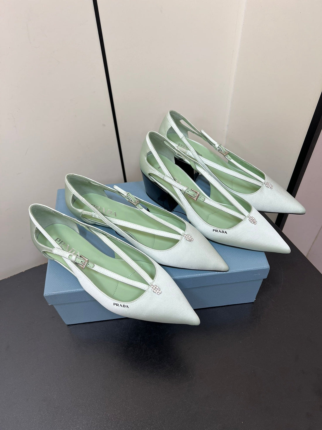 Cut-Out Pumps With Bead Buckle In Chetwode Green Satin