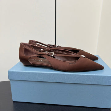 Cut-Out Ballerina Flat In Chocolate Brown Satin Attached Bead Buckle