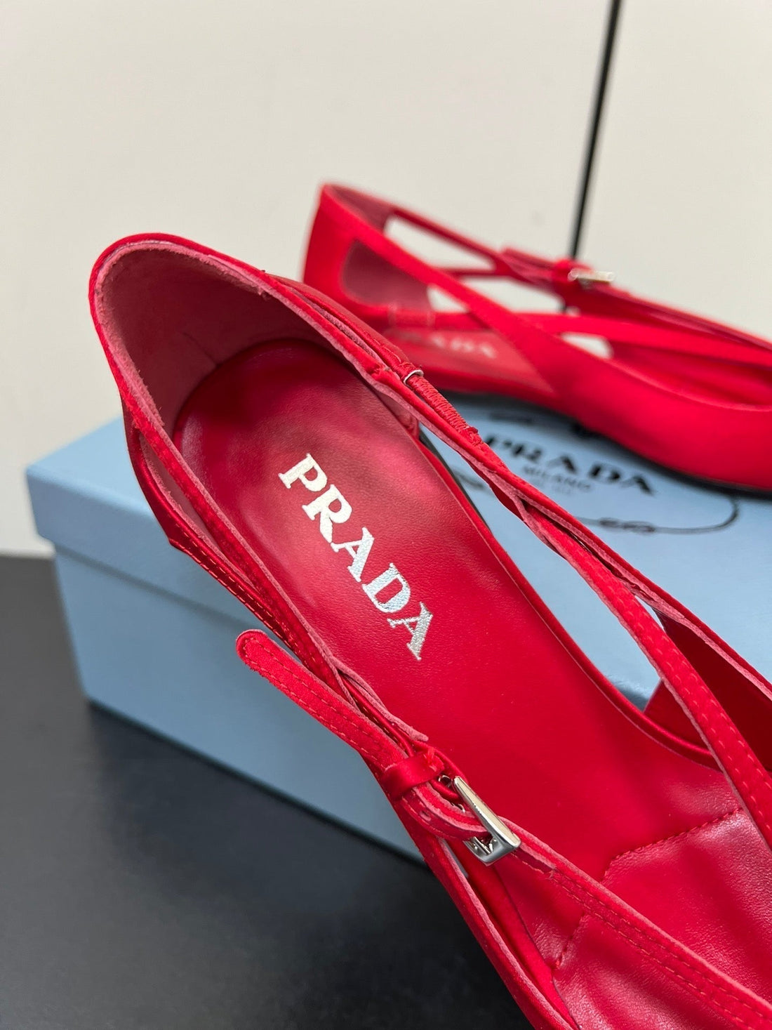 Cut-Out Ballerina Flat In Classic Red Satin Attached Bead Buckle