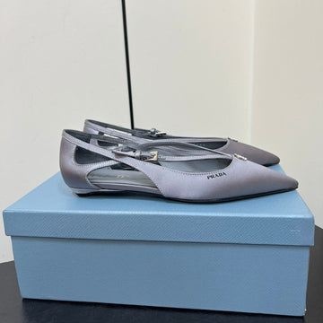 Cut-Out Ballerina Flat In Warm Gray Satin Attached Bead Buckle