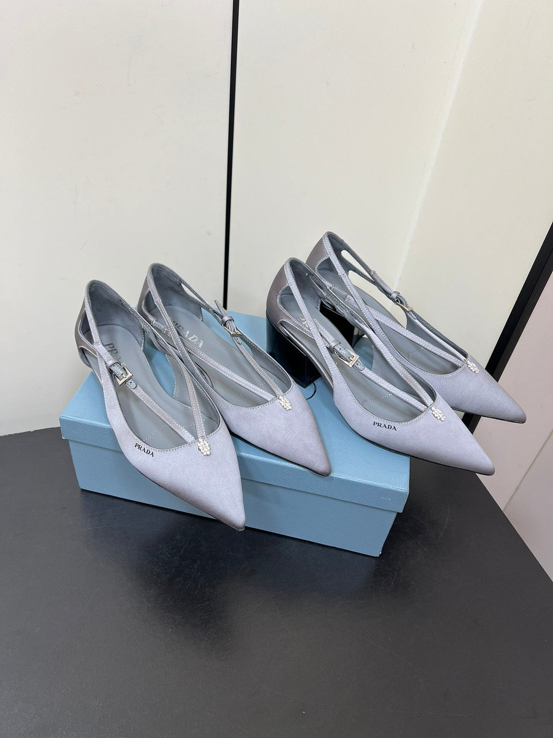 Cut-Out Pumps With Bead Buckle In Warm Gray Satin