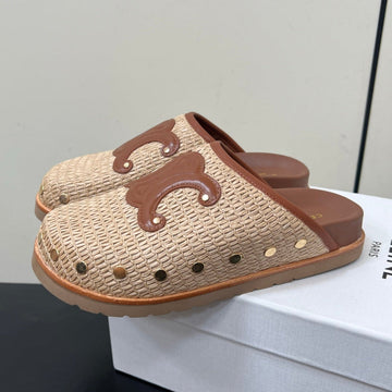 Celine 25 Straw Rivet Birkenstock Slippers Beige Brown Raffia Woven Sheepskin