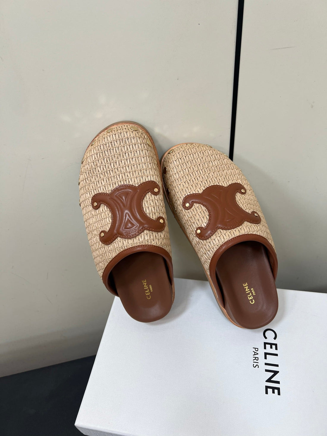 Celine 25 Straw Rivet Birkenstock Slippers Beige Brown Raffia Woven Sheepskin