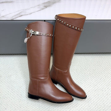 Hm 25SS Kelly Buckle Riding Boots Brown Cowhide 576125