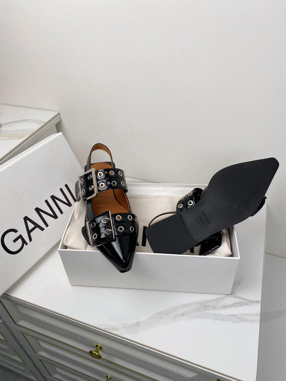 Ganni Black Feminine Buckle Slingback Flat