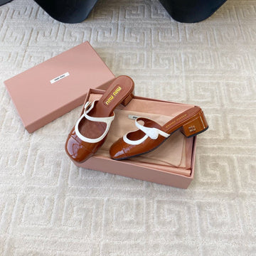 Miu Mary Jane Mule Pumps In Red Brown Glossy Sheepskin