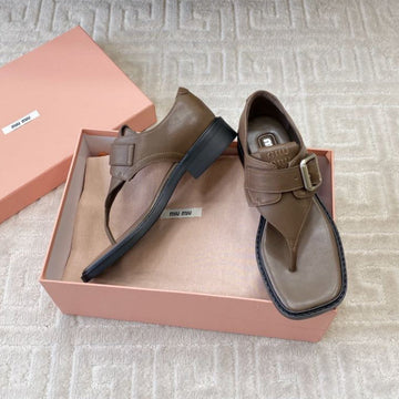 Miu Thong Sandals In Coffee Brown Lambskin With Silver Buckle