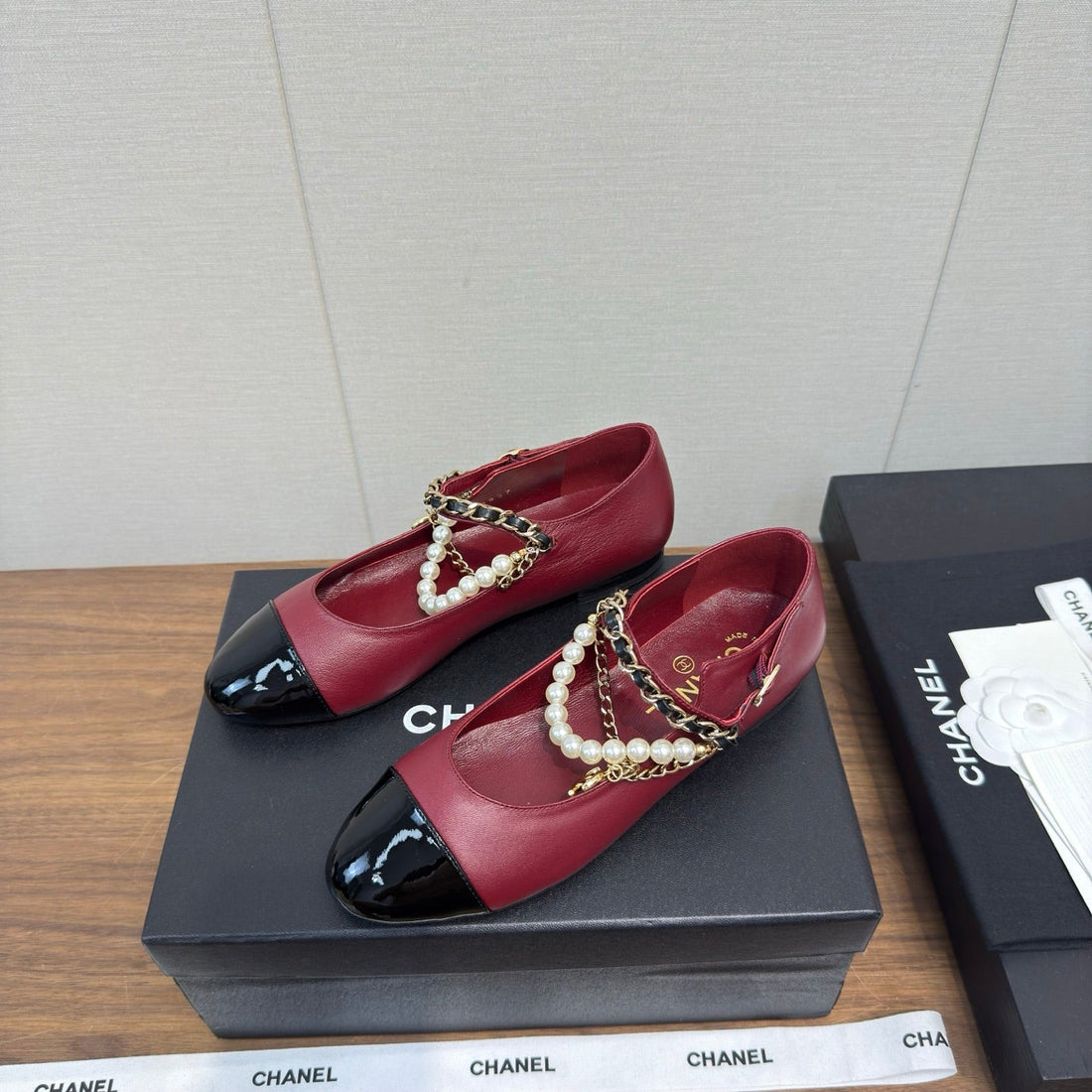 Chanel 25 Mary Jane Ankle Chain Ballet Flat Burgundy Black Cowhide 465596