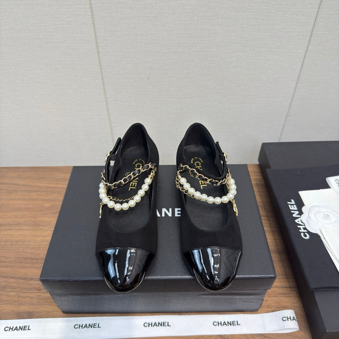 Chanel 25 Mary Jane Ankle Chain Ballet Flat Black Suede Cowhide 465597