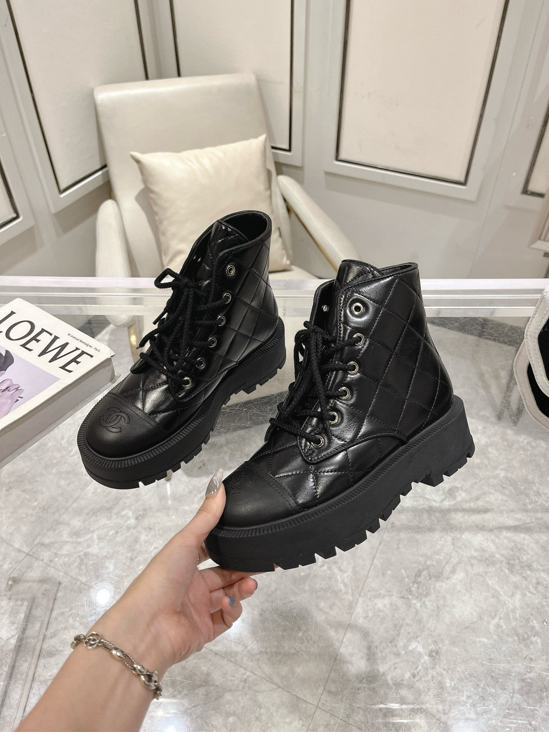 CC Combat Boots 50MM In Glossy Black Cowhide And Lambskin 944661