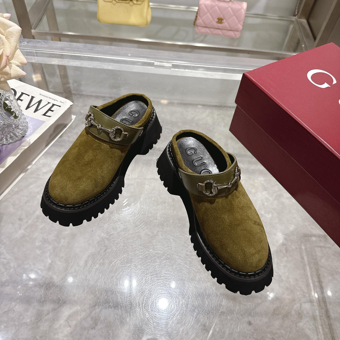 GG 2025 Horsebit Dark Green Mix Black Suede Sheepskin 416544