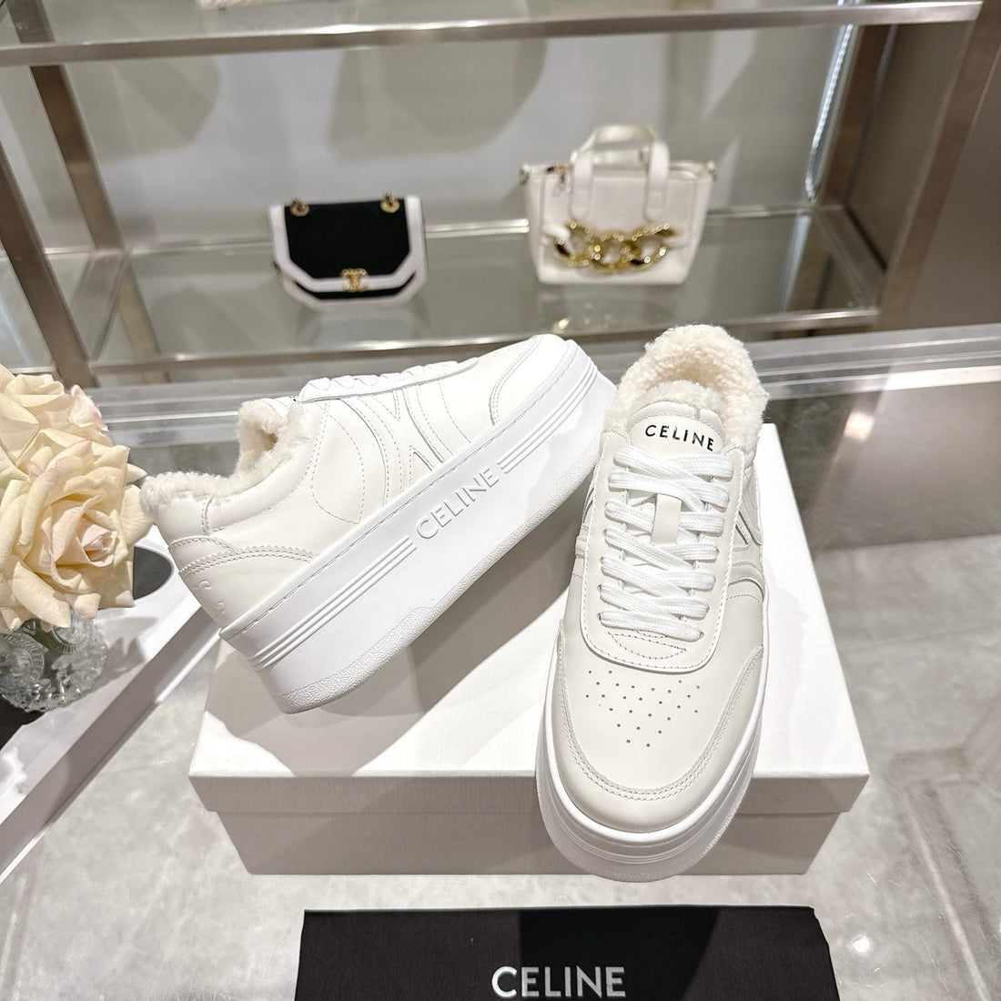 Celine Block Triomphe Leather Wedge Sneakers 50MM White Calfskin Fur