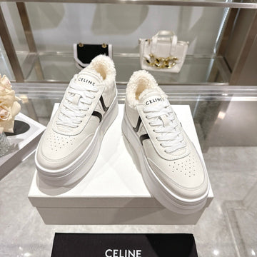 Celine Block Triomphe Leather Wedge Sneakers 50MM Black White Calfskin Fur