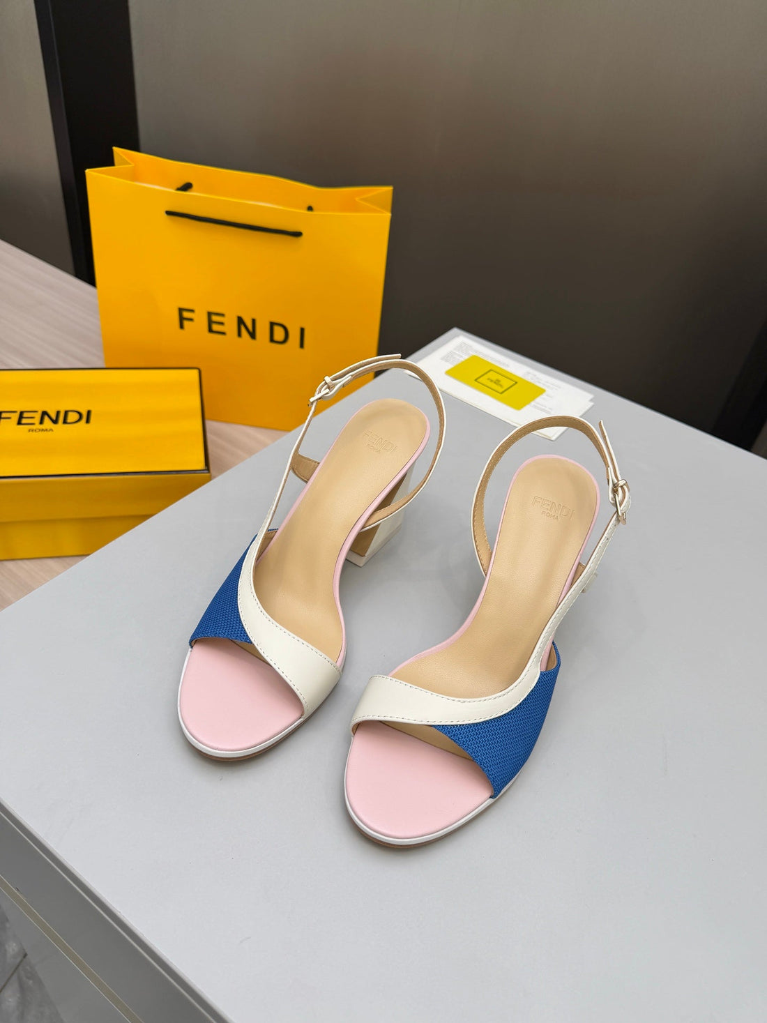 Fendi 26S Arco 9CM Pink Blue Cotton Cowhide 675968