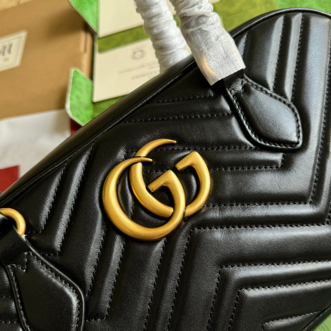 GG Marmont Medium Top Handle 35CM Black Calfskin Gold Hardware
