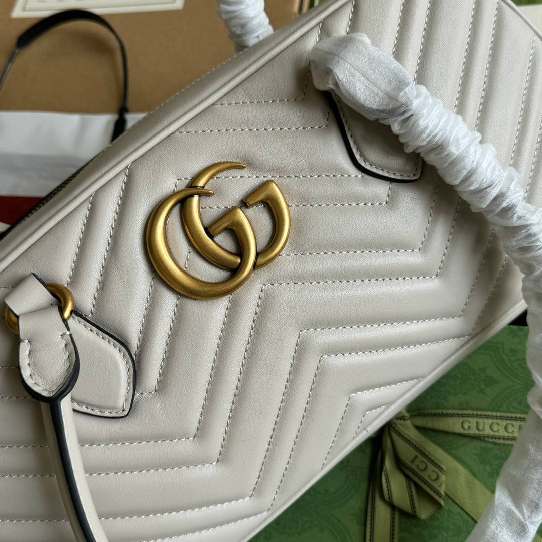 GG Marmont Medium Top Handle 35CM Cream Calfskin Gold Hardware