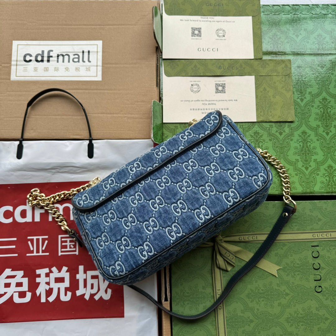 GG Marmont 26CM Blue Monogram Denim Gold Hardware