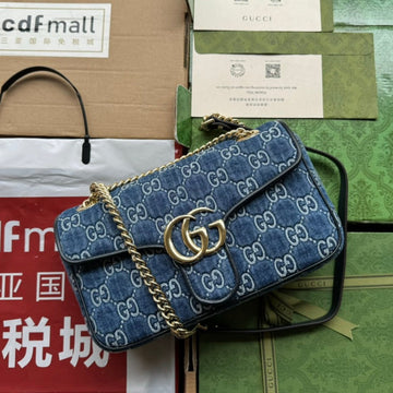 GG Marmont 26CM Blue Monogram Denim Gold Hardware